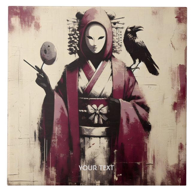 Fantasy Cute Porcelain Mask Raven Ceramic Tile (Front)