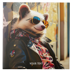 Fantasy Cute Possum Leather Jacket Ceramic Tile