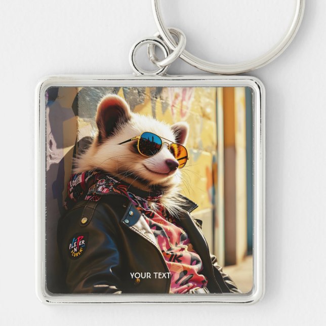Fantasy Cute Possum Leather Jacket Key Ring (Front)