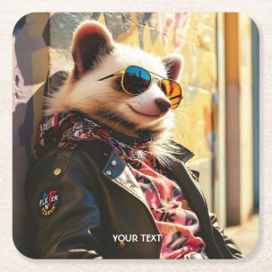 Fantasy Cute Possum Leather Jacket Square Paper Coaster