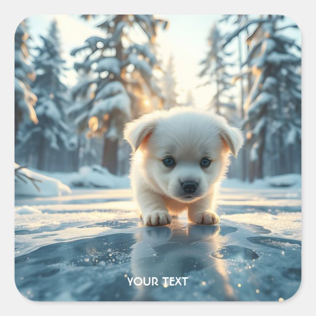 Fantasy Cute Puppy Winter Snow Square Sticker (Front)