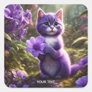 Fantasy Cute Purple Kitten Flower Square Sticker