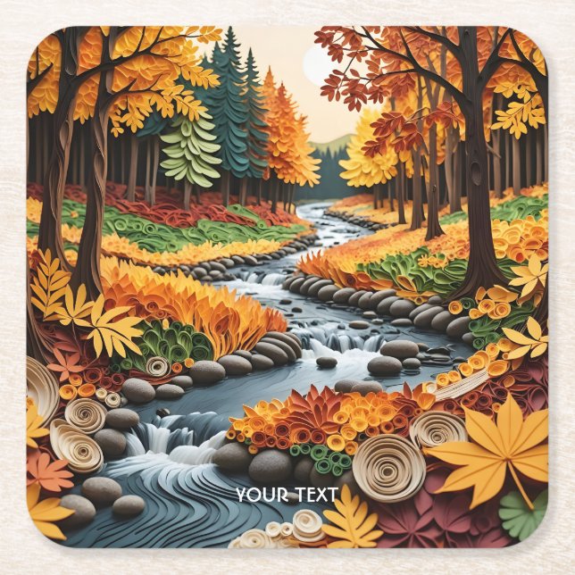 Fantasy Cute Quilling Fall Landscape Square Paper Coaster (Front)