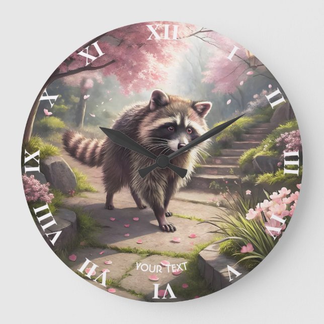 Fantasy Cute  Racoon Sakura Garden Large Clock (Front)