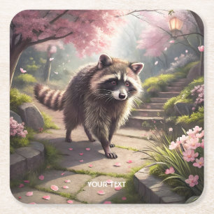 Fantasy Cute Racoon Sakura Garden Square Paper Coaster