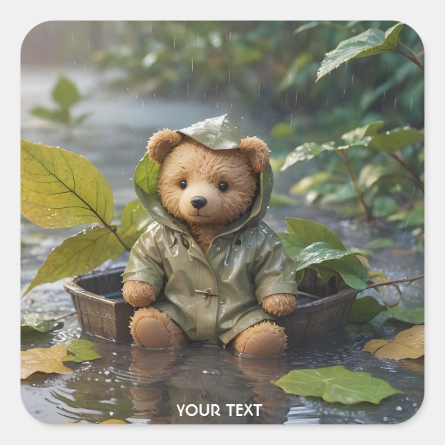 Fantasy Cute Rain Baby Bear Square Sticker (Front)