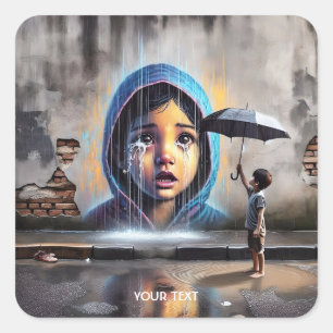 Fantasy Cute Rain Umbrella Girl Square Sticker