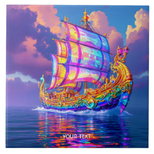 Fantasy Cute Rainbow Colours Ship Ceramic Tile
