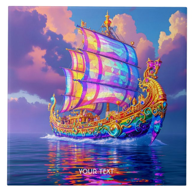 Fantasy Cute Rainbow Colours Ship Ceramic Tile (Front)