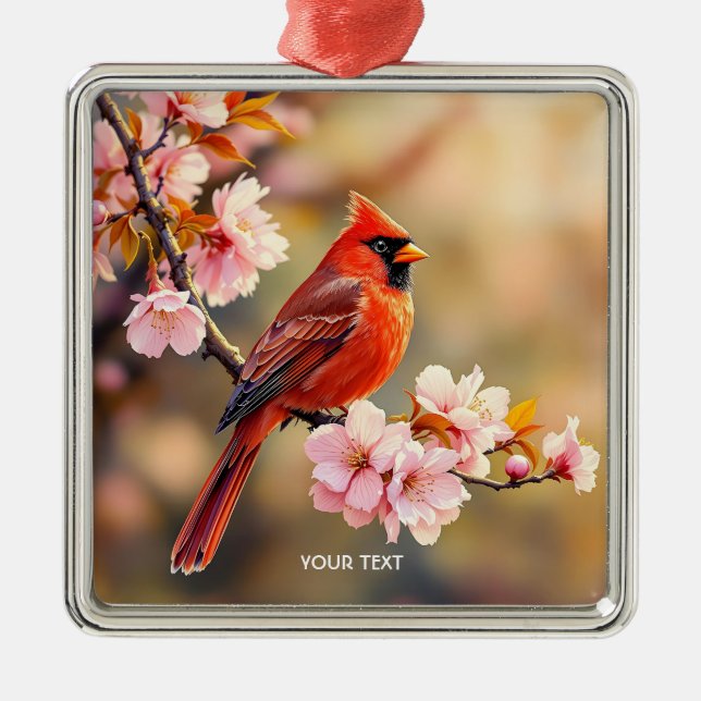 Fantasy Cute Red Bird Cherry Metal Ornament (Front)
