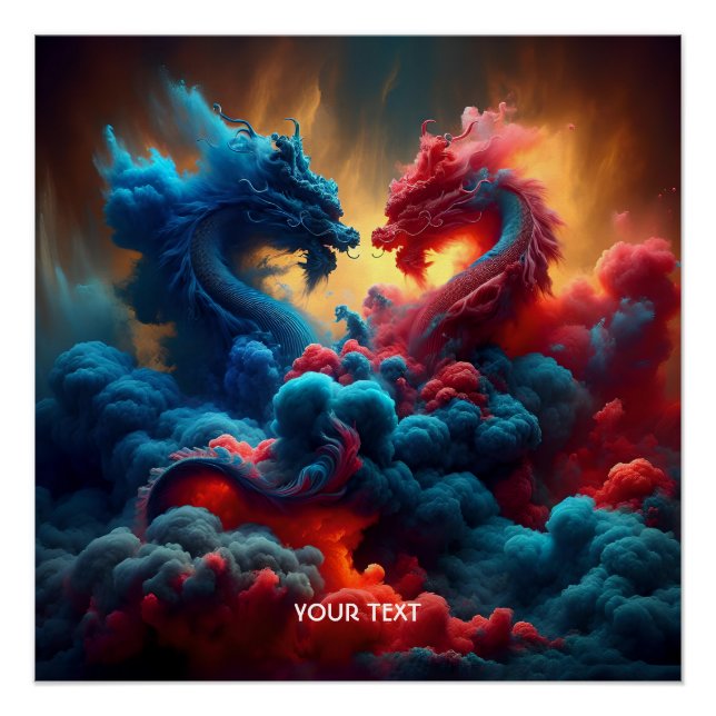 Fantasy Cute Red Blue Dragons Poster (Front)