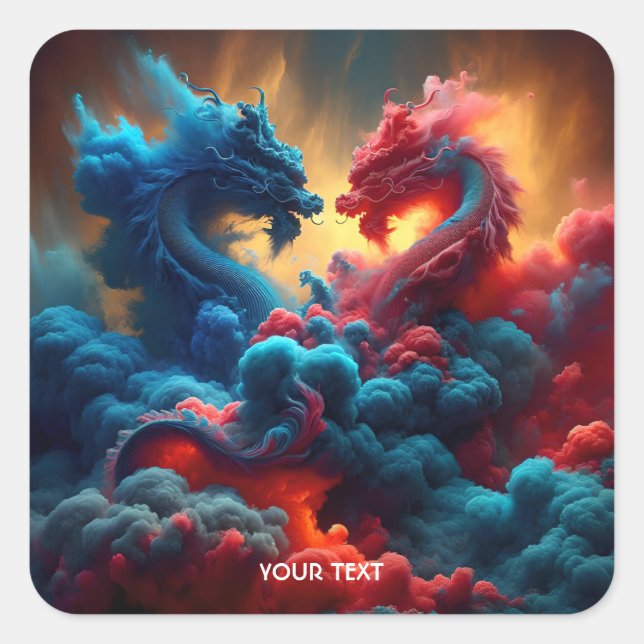 Fantasy Cute Red Blue Dragons Square Sticker (Front)