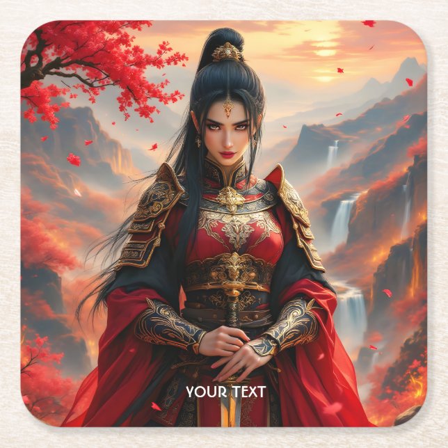 Fantasy Cute Red Female Samurai Square Paper Coaster (Front)