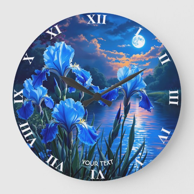 Fantasy Cute River Blue Irises Large Clock (Front)