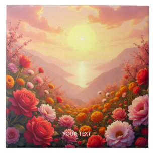 Fantasy Cute River Flowers Sunset Ceramic Tile