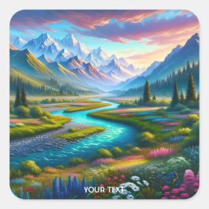 Fantasy Cute River Flowers Valley Square Sticker