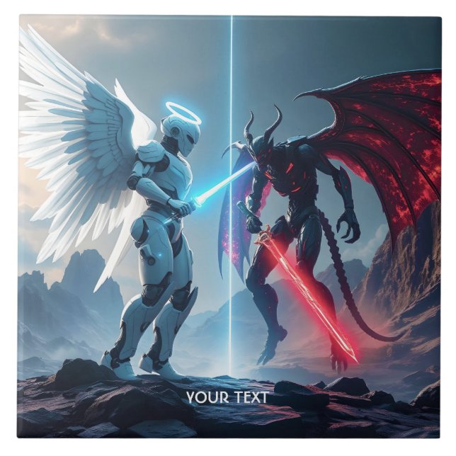 Fantasy Cute Robot Demon Fighting Ceramic Tile (Front)