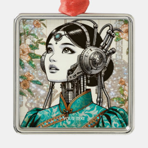 Fantasy Cute Robot Girl Flowers Metal Ornament