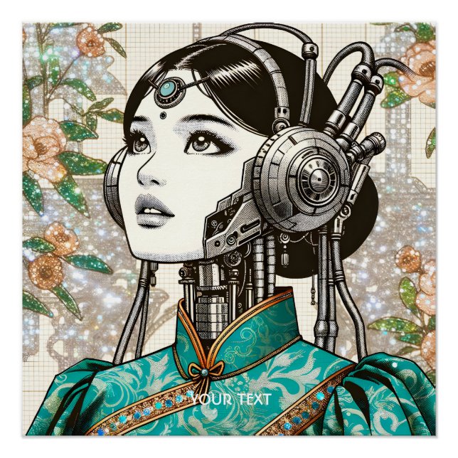 Fantasy Cute Robot Girl Flowers Poster (Front)