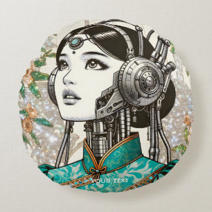 Fantasy Cute Robot Girl Flowers Round Cushion