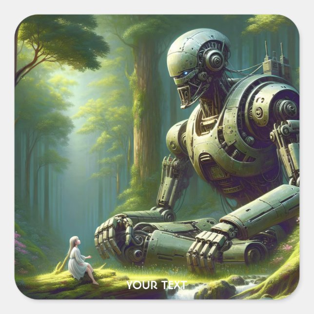 Fantasy Cute Robot Girl Forest Square Sticker (Front)