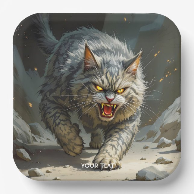 Fantasy Cute Rocks Angry Cat Paper Plate (Front)