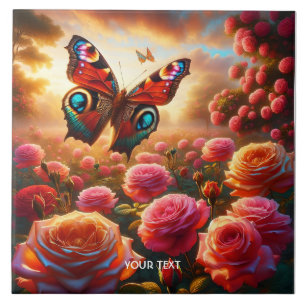 Fantasy Cute Roses Butterfly Flowers Ceramic Tile