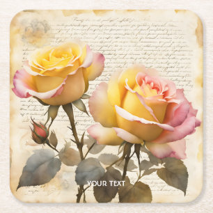 Fantasy Cute Roses Letter Writings Square Paper Coaster