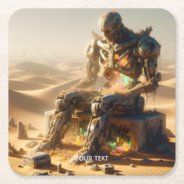 Fantasy Cute Rusty Robot Desert Square Paper Coaster (Front)