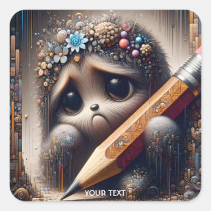Fantasy Cute Sad Creature Pencil Square Sticker