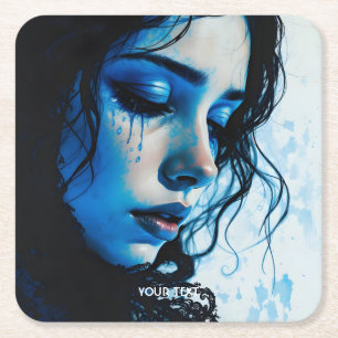 Fantasy Cute Sad Girl Blue Square Paper Coaster