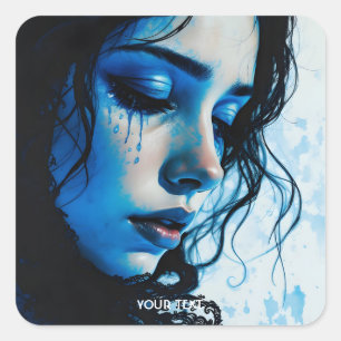 Fantasy Cute Sad Girl Blue Square Sticker