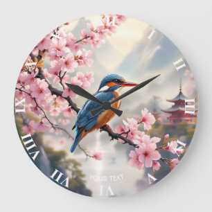 Fantasy Cute Sakura Bird Blue Large Clock