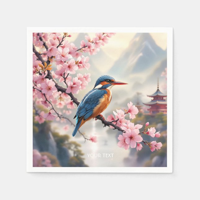 Fantasy Cute Sakura Bird Blue Napkin (Front)