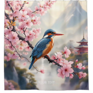 Fantasy Cute Sakura Bird Blue Shower Curtain