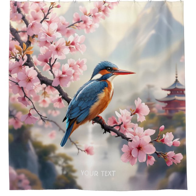 Fantasy Cute Sakura Bird Blue Shower Curtain (Front)