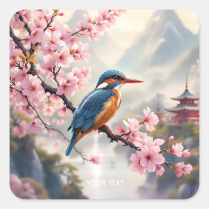Fantasy Cute Sakura Bird Blue Square Sticker