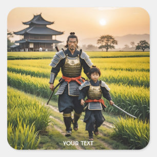 Fantasy Cute Samurai And His Kid Square Sticker