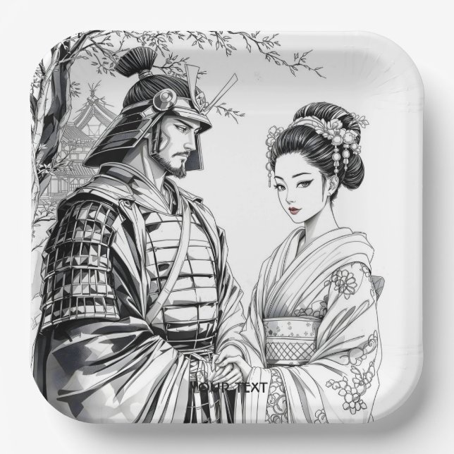 Fantasy Cute Samurai Geisha Pencil Paper Plate (Front)