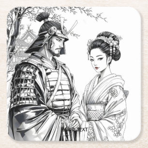 Fantasy Cute Samurai Geisha Pencil Square Paper Coaster