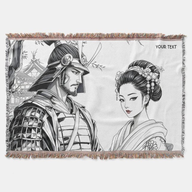 Fantasy Cute Samurai Geisha Pencil Throw Blanket (Front)