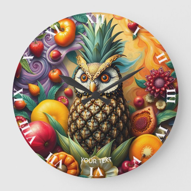 Fantasy Cute Serene Pineapple Owl Large Clock (Front)
