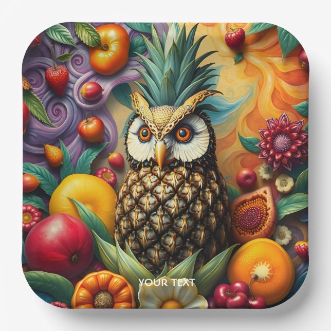 Fantasy Cute Serene Pineapple Owl Paper Plate (Front)