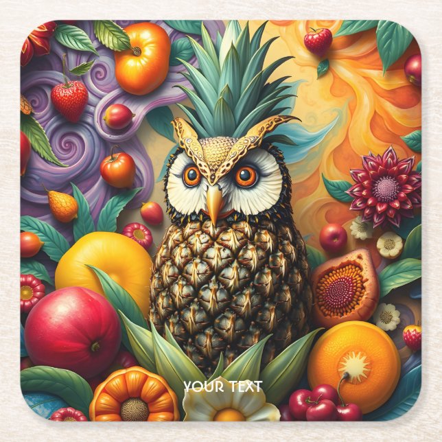Fantasy Cute Serene Pineapple Owl Square Paper Coaster (Front)