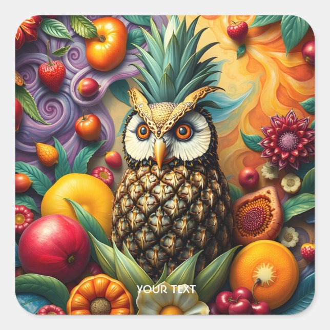 Fantasy Cute Serene Pineapple Owl Square Sticker (Front)