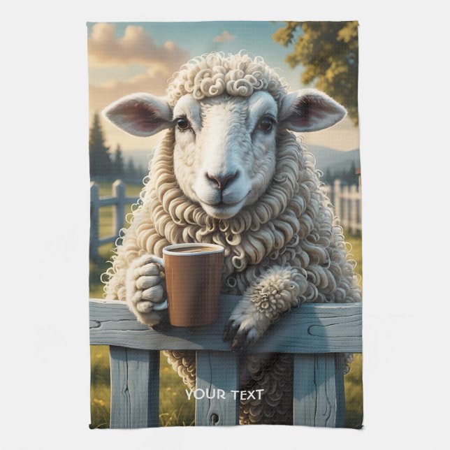 Fantasy Cute Sheep Coffee Evening Tea Towel (Vertical)