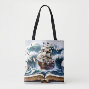 Fantasy Cute Ship Ocean Book Tote Bag