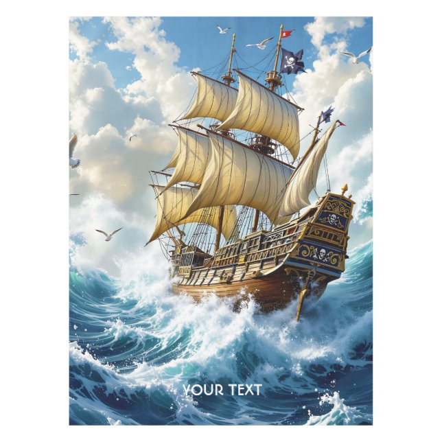 Fantasy Cute Ship Ocean Storm Tablecloth (Front)
