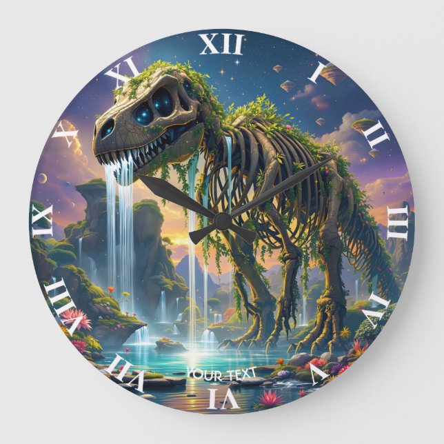 Fantasy Cute Skeleton Dinosaur Garden Large Clock (Front)
