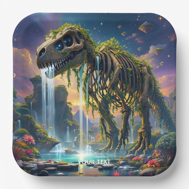 Fantasy Cute Skeleton Dinosaur Garden Paper Plate (Front)